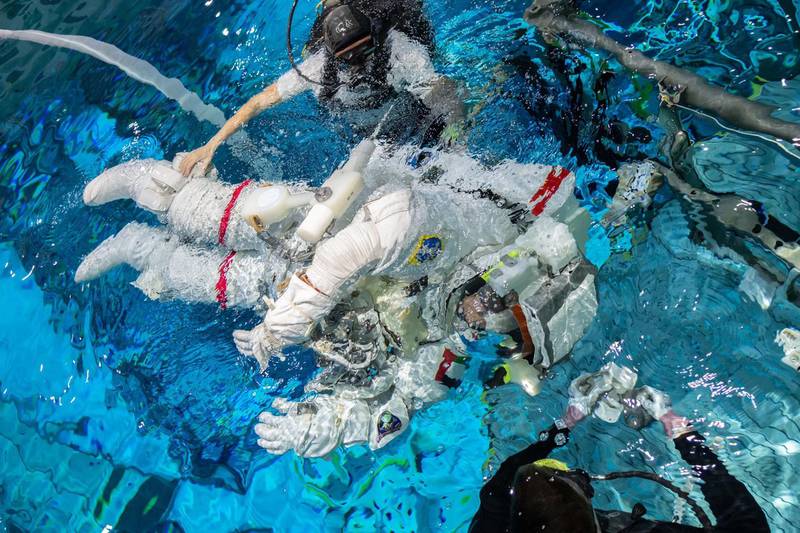 Mr Al Neyadi goes underwater with his EVA suit on for spacewalk training