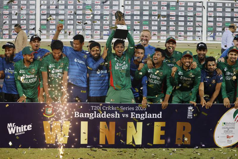 Bangladesh players celebrate after completing a 3-0 series whitewash following their 16-run win over England at Sher-E-Bangla National Cricket Stadium, in Mirpur, on March 14, 2023. Reuters