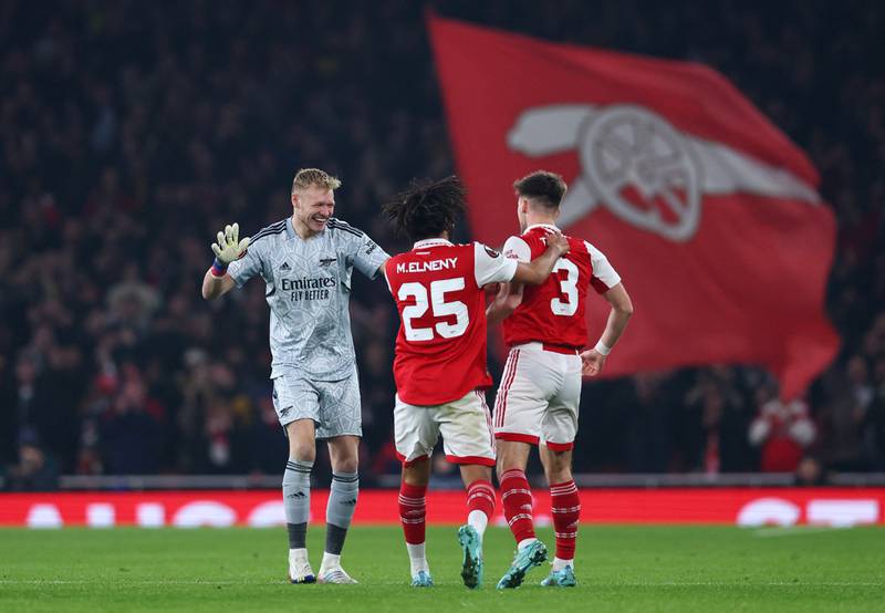Soccer Football - Europa League - Group A - Arsenal v FC Zurich - Emirates Stadium, London, Britain - November 3, 2022   Arsenal's Kieran Tierney celebrates scoring their first goal with Mohamed Elneny and Aaron Ramsdale REUTERS / David Klein