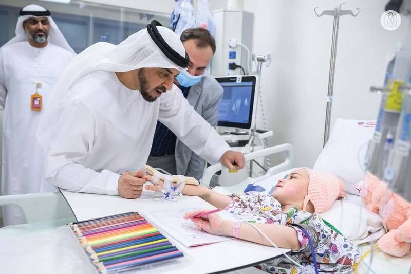 Sheikh Hamdan bin Zayed, Ruler’s Representative in Al Dhafra region and chairman of Emirates Red Crescent, visits a Syrian earthquake survivor at a hospital in the UAE. All photos: Abu Dhabi Media Office