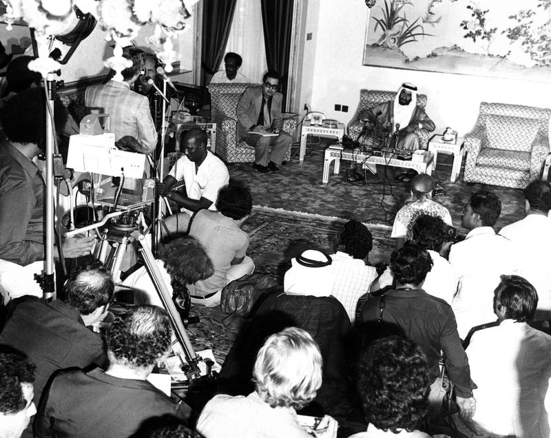 Sheikh Zayed Bin Sultan Al Nahyan at a press conference following the first GCC Summit in Abu Dhabi, 1981 
National Archives images supplied by the Ministry of Presidential Affairs to mark the 50th anniverary of Sheikh Zayed Bin Sultan Al Nahyan becaming the Ruler of Abu Dhabi. *** Local Caption ***  60.jpg