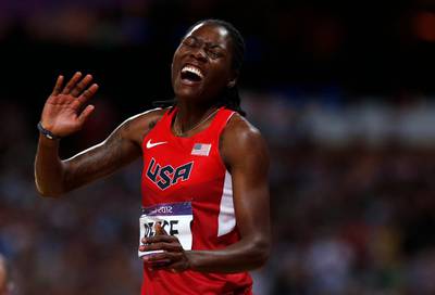 Brittney Reese of the U.S. reacts after winning the women's long jump final during the London 2012 Olympic Games at the Olympic Stadium August 8, 2012.    REUTERS/Mark Blinch (BRITAIN  - Tags: OLYMPICS SPORT ATHLETICS)   *** Local Caption ***  OLYCN175_OLY-ATHL-A_0808_11.JPG