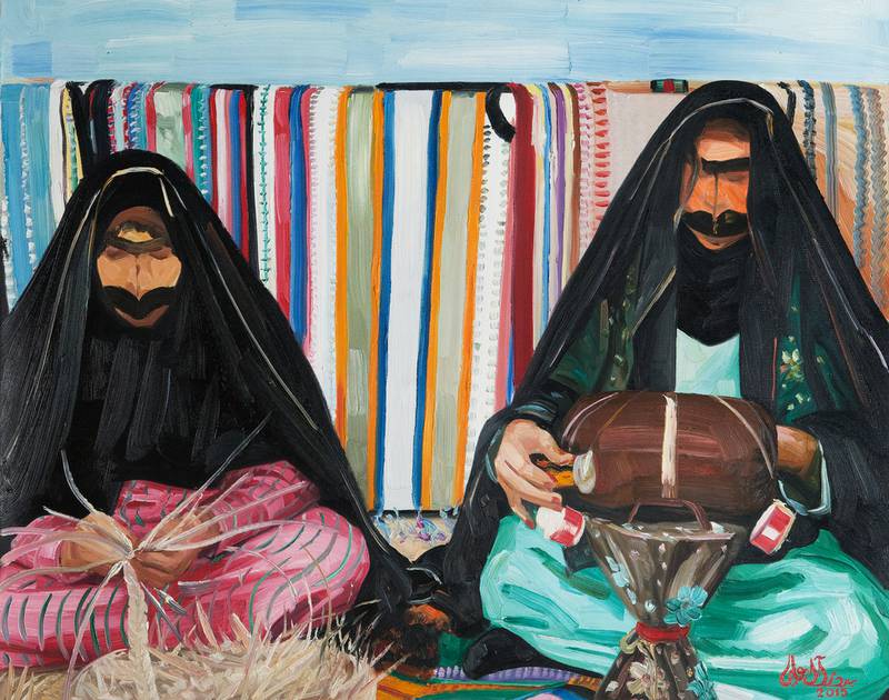 Women make telli embroidery in an artwork by Emirati artist Budour Al Ali which will go on display at Al Ain Heritage Festival (Courtesy: Budour Al Ali)