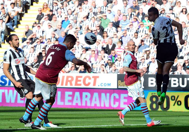 Aston Villa's Ciaran Clark (2nd L) heads to score against Newcastle United during their Premier League soccer match in Newcastle, northern England September 2, 2012. REUTERS/Nigel Roddis (BRITAIN - Tags: SPORT SOCCER) FOR EDITORIAL USE ONLY. NOT FOR SALE FOR MARKETING OR ADVERTISING CAMPAIGNS. NO USE WITH UNAUTHORIZED AUDIO, VIDEO, DATA, FIXTURE LISTS, CLUB/LEAGUE LOGOS OR "LIVE" SERVICES. ONLINE IN-MATCH USE LIMITED TO 45 IMAGES, NO VIDEO EMULATION. NO USE IN BETTING, GAMES OR SINGLE CLUB/LEAGUE/PLAYER PUBLICATIONS *** Local Caption ***  NVR02_SOCCER-ENGLAN_0902_11.JPG