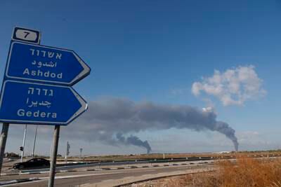 Smoke rising from the direction of the Israeli cities of Ashdod and Gedera following rocket launches from Gaza on Saturday.   EPA