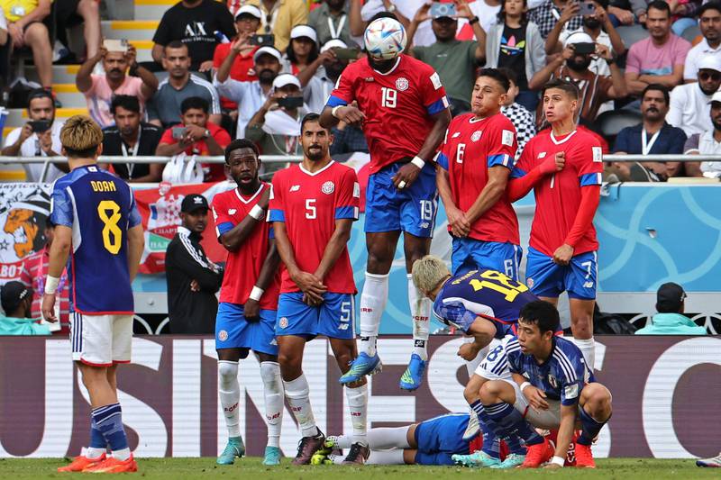 Costa Rica's defender Kendall Waston jumps to block a free-kick. AFP