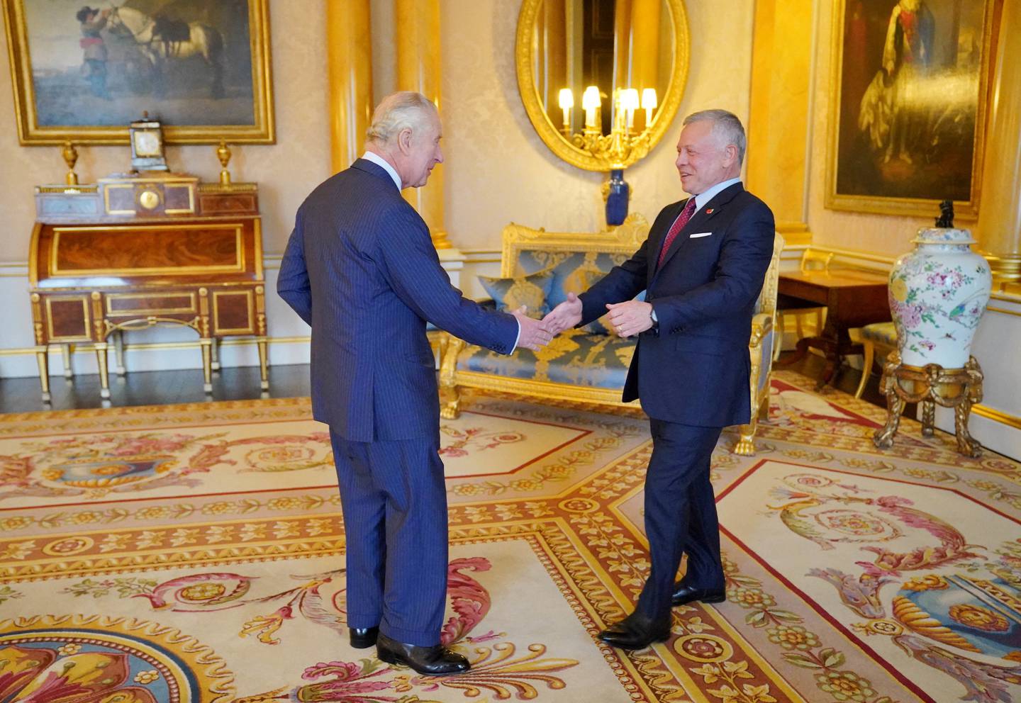 King Abdullah meets the UK's King Charles III at Buckingham Palace. PA