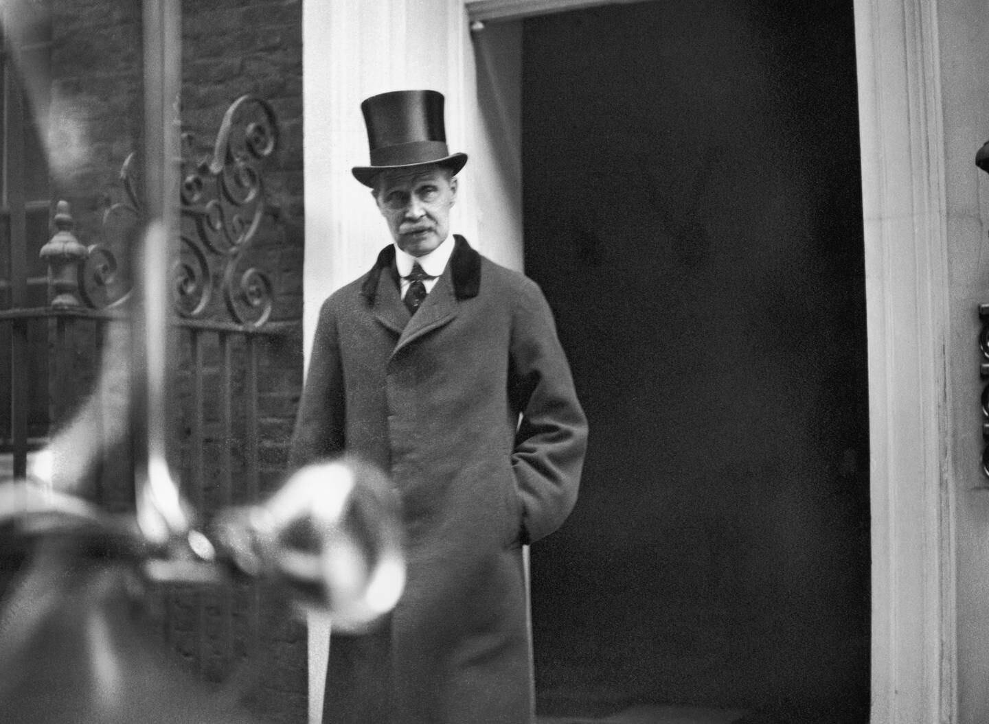 British PM Andrew Bonar Law (1858 - 1923), leaving No 10 Downing Street on budget day, April 1923. Getty