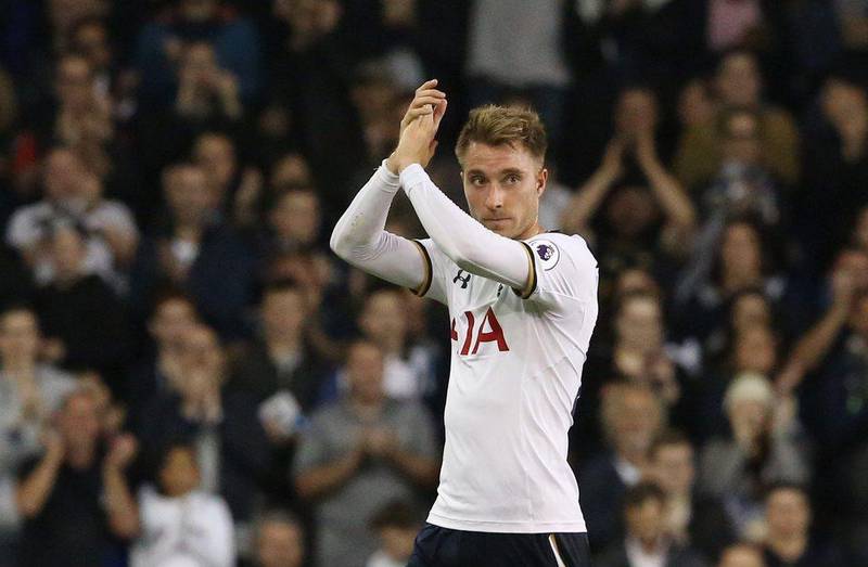Tottenham’s Christian Eriksen applauds fans during the League Cup third round win. Neil Hall / Reuters