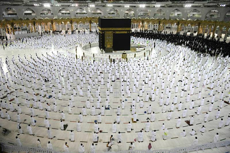 Worshippers seek Laylat Al Qadr as they offer late-night prayers at the Kaaba, inside the Grand Mosque, in Makkah, Saudi Arabia. SPA