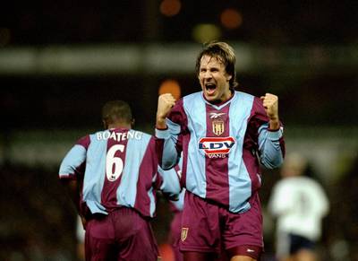 29 Dec 1999:  Paul Merson of Aston Villa celebrates during the FA Carling Premier League match against Spurs played at Villa Park in Birmingham, England. The game finished in a 1-1 draw. \ Mandatory Credit: Ben Radford /Allsport