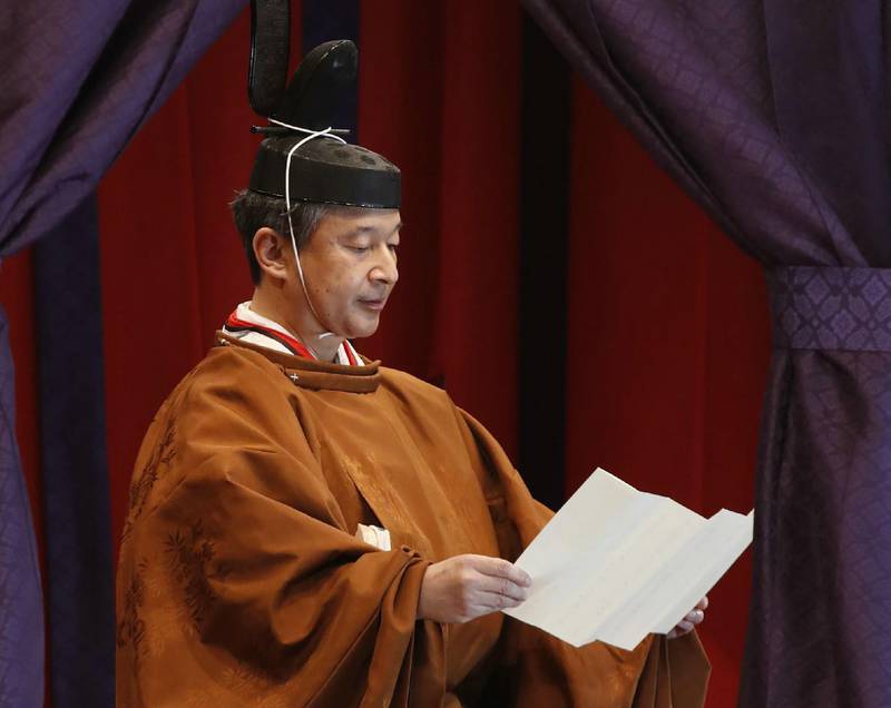 Emperor Naruhito officially proclaims his ascension to the Chrysanthemum throne during an enthronement ceremony at the Imperial Palace in Tokyo.  AFP