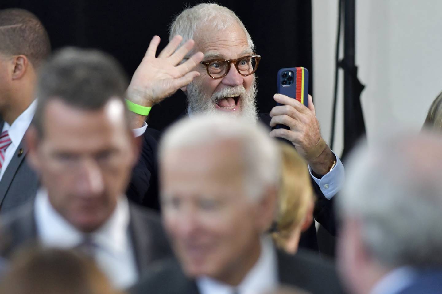 David Letterman waves as President Joe Biden passes on the receiving line following his address. AP