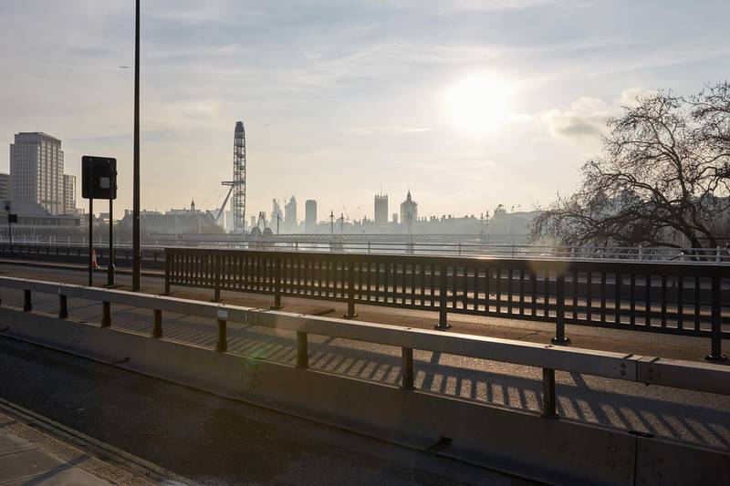 A view of Big Ben and the London Eye from a deserted Waterloo Bridge. Getty Images