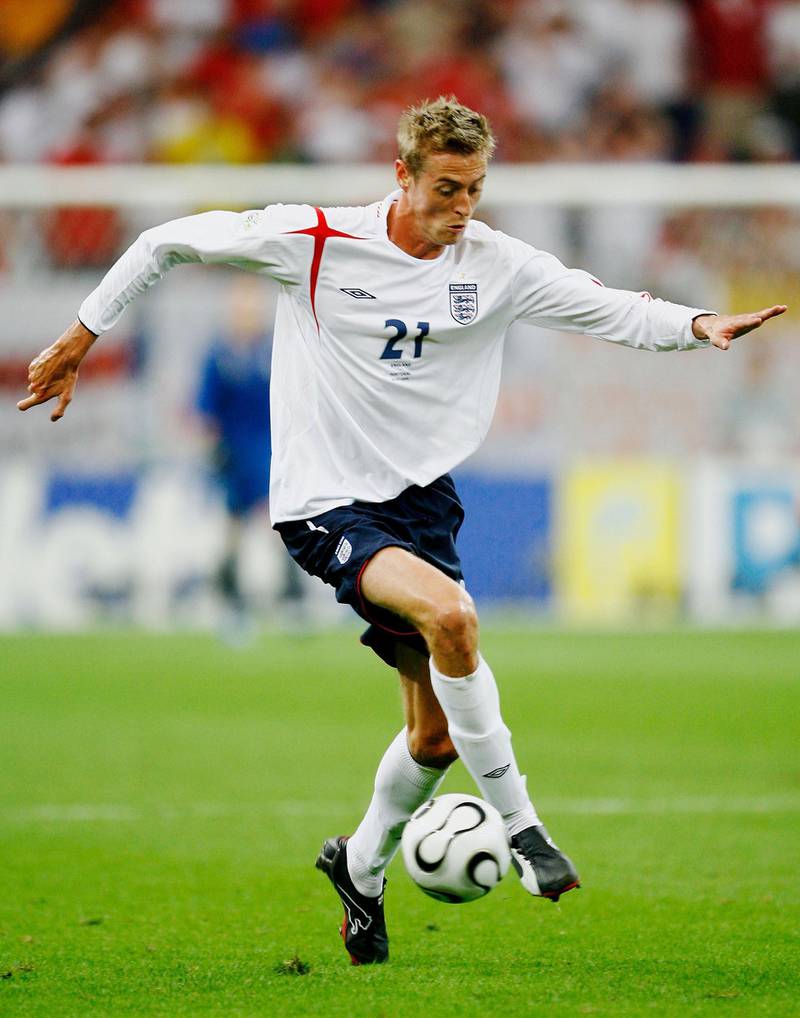 GELSENKIRCHEN, GERMANY - JULY 01:  Peter Crouch of England in action during the FIFA World Cup Germany 2006 Quarter-final match between England and Portugal played at the Stadium Gelsenkirchen on July 1, 2006 in Gelsenkirchen, Germany.  (Photo by Clive Mason/Getty Images)