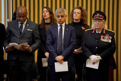 Mayor of London Sadiq Khan joins representatives of Muslim, Sikh, Hindu and Jewish faiths at the City Hall Remembrance Day Service in London. PA