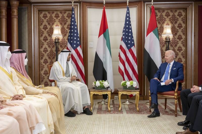 President Sheikh Mohamed in discussion with Mr Biden during the Gulf Co-operation Council GCC+3 Jeddah Security and Development Summit. Photo: Abdulla Al Neyadi for the Presidential Court