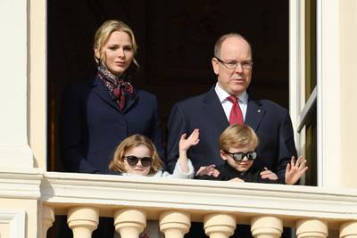 MONACO, MONACO - JANUARY 27: (L-R) Princess Charlene of Monaco and Prince Albert II of Monaco with their children Princess Gabriella of Monaco and Prince Jacques of Monaco greet the crowd from the palace balcony during the Sainte Devote Ceremony. Sainte devote is the patron saint of The Principality Of Monaco and France's Mediterranean Corsica island. on January 27, 2020 in Monaco, Monaco. (Photo by Pascal Le Segretain/Getty Images)