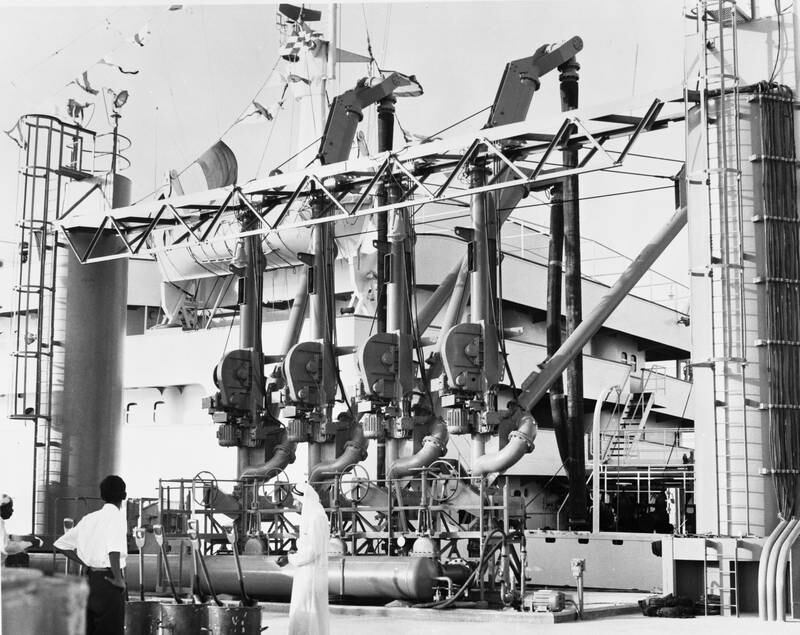 Close up of loading berth off Das Island with BO Tanker Company's 35,000 ton British Signal loading crude oil - July 1962