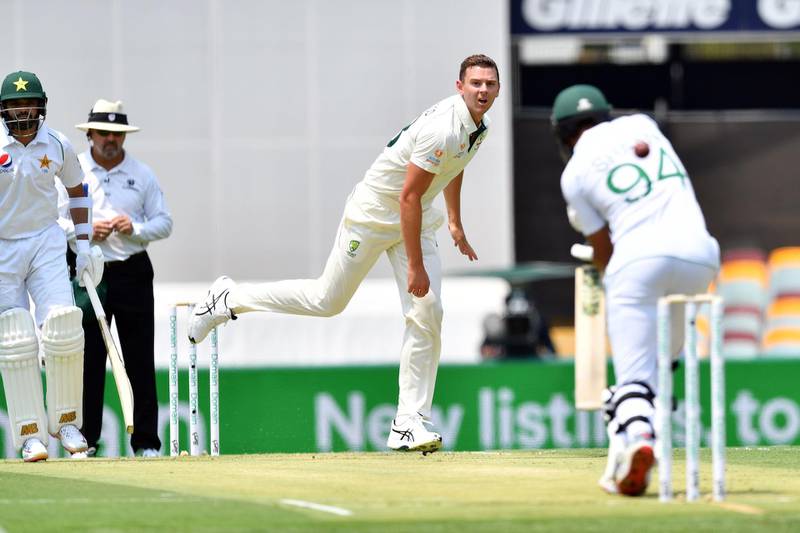 Australia's Josh Hazlewood beats the bat of Pakistan batsman Shan Masood. AFP