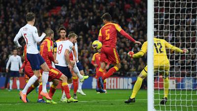 LONDON, ENGLAND - NOVEMBER 14: Harry Kane of England scores his first goal during the UEFA Euro 2020 qualifier between England and Montenegro at Wembley Stadium on November 14, 2019 in London, England. (Photo by Mike Hewitt/Getty Images)