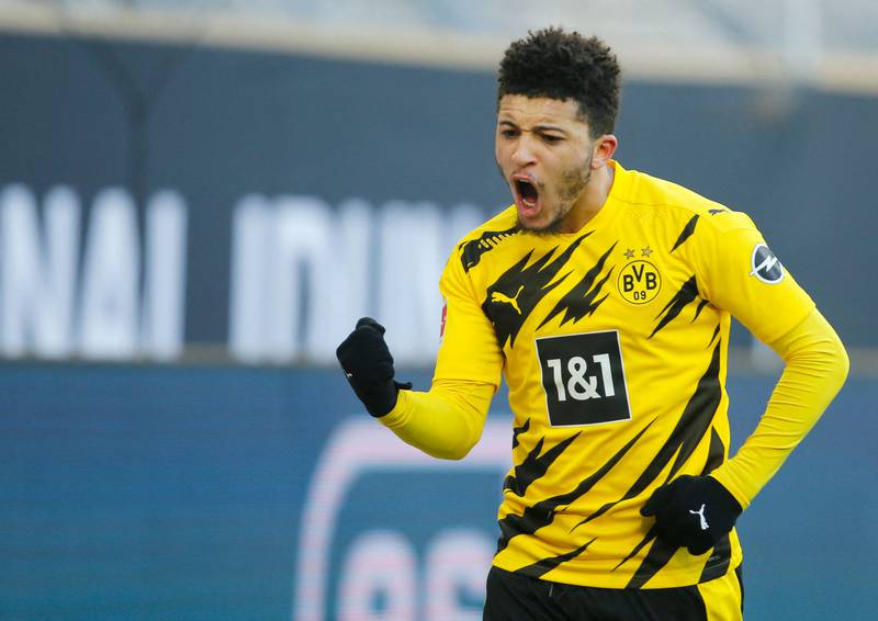 Dortmund's Jadon Sancho celebrates after scoring against Hoffenheim in the Bundesliga on February 13, 2021.