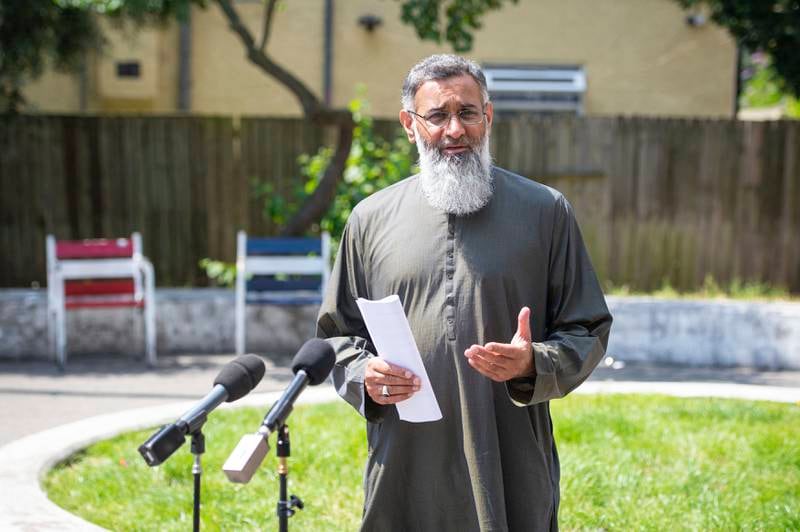 Radical preacher Anjem Choudary speaks to the media after restrictions on him speaking in public came to an end.
