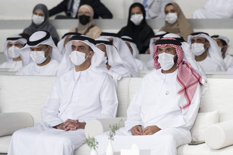 Sheikh Nahyan bin Zayed, chairman of the board of trustees of Zayed bin Sultan Al Nahyan Charitable and Humanitarian Foundation (R), and Sheikh Saif bin Zayed, Deputy Prime Minister and Minister of Interior, attend a lecture at Majlis Mohamed bin Zayed.