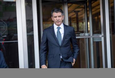 Travis Kalanick, co-founder and former chief executive officer of Uber Technologies Inc., exits the Phillip Burton Federal Building and U.S. Courthouse in San Francisco, California, U.S., on Wednesday, Feb. 7, 2018. Waymo has spent almost a year accusing Uber of an unconscionable theft of its hard-won technology -- and now has to deliver its proof. The companies faced off Monday before a jury in San Francisco federal court over an alleged heist that has fascinated Silicon Valley from the moment Waymo filed its lawsuit last February. Photographer: David Paul Morris/Bloomberg