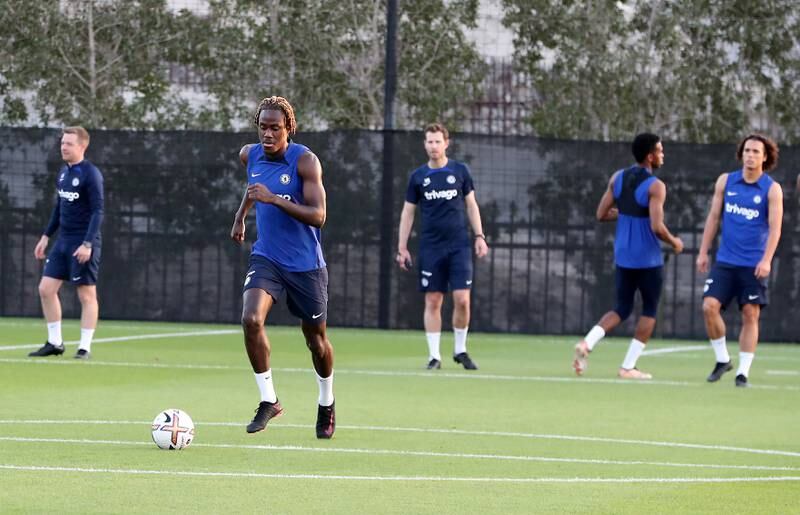 Trevoh Chalobah and his Chelsea teammates train at the Ritz Carlton Hotel, Abu Dhabi, ahead of their Challenge Cup game against Aston Villa on Sunday, December 11, 2022. All photos Pawan Singh / The National