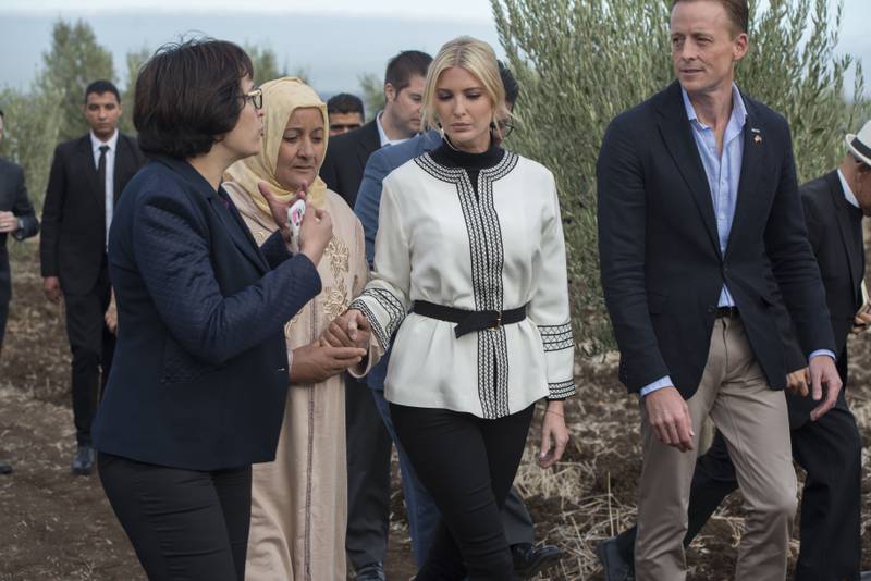 Ivanka Trump, wearing a black-and-white Fadila El Gadi tunic, meets local farmers in Sidi Kacem province, Morocco on November 7, 2019. EPA