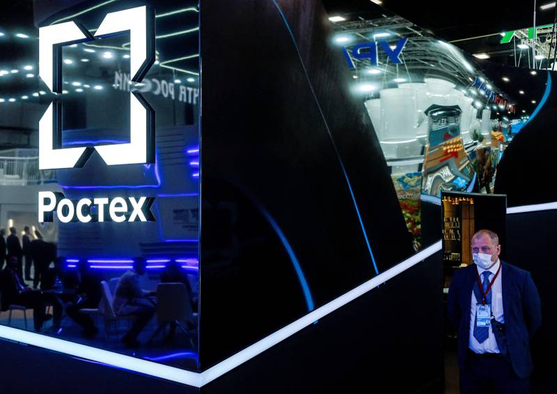 Russian state defence conglomerate Rostec's stand at the St Petersburg International Economic Forum in Russia on June 15. Reuters