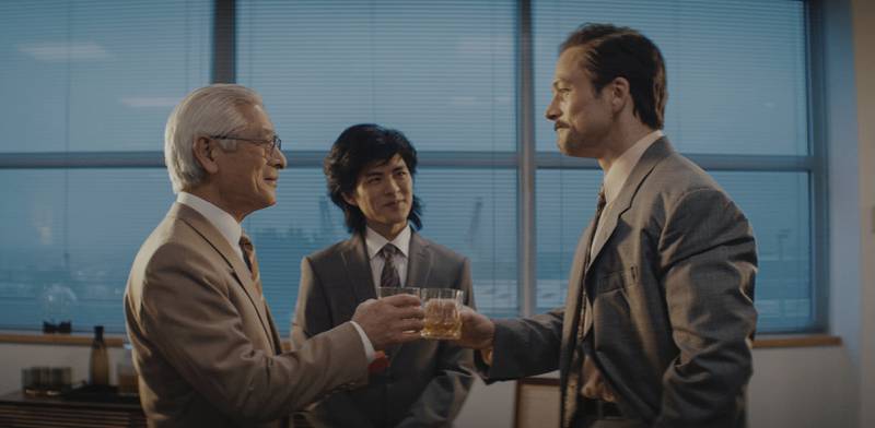 From left, Togo Igawa, Nino Furuhata and Taron Egerton in a scene from Tetris. Photo: Apple 