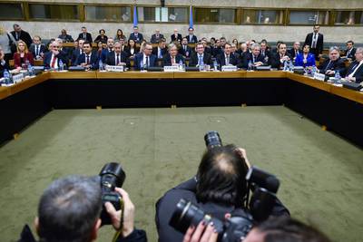 Cyprus peace talks get under way on January 12, 2017 as Turkish Cypriot leader Mustafa Akinci, third from left, UN Secretary-General Antonio Guterres, centre, and Greek Cypriot president Nicos Anastasiades gather at the United Nations Offices in Geneva, Switzerland. Philippe Desmazes/Pool Photo via AP