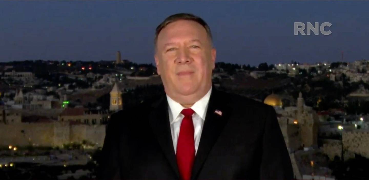This video grab made on August 25, 2020 from the online broadcast of the Republican National Convention, being held virtually amid the novel coronavirus pandemic, shows US Secretary of State Mike Pompeo deliver a pre-recorded speech from the rooftop of King David hotel in Jerusalem on the second day of the convention.  - RESTRICTED TO EDITORIAL USE - MANDATORY CREDIT "AFP PHOTO / REPUBLICAN NATIONAL CONVENTION " - NO MARKETING - NO ADVERTISING CAMPAIGNS - DISTRIBUTED AS A SERVICE TO CLIENTS
 / AFP / Republican National Convention / - / RESTRICTED TO EDITORIAL USE - MANDATORY CREDIT "AFP PHOTO / REPUBLICAN NATIONAL CONVENTION " - NO MARKETING - NO ADVERTISING CAMPAIGNS - DISTRIBUTED AS A SERVICE TO CLIENTS
