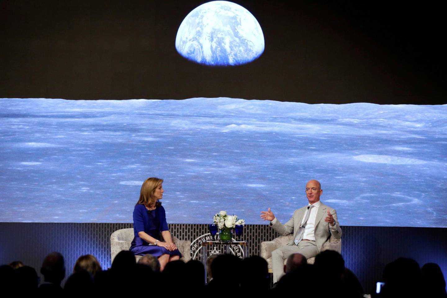 FILE PHOTO: Caroline Kennedy and Jeff Bezos, founder of Amazon and Blue Origin, have a fireside chat  during the JFK Space Summit, celebrating the 50th anniversary of the moon landing, at the John F. Kennedy Library in Boston, Massachusetts, U.S., June 19, 2019. REUTERS/Katherine Taylor/File Photo