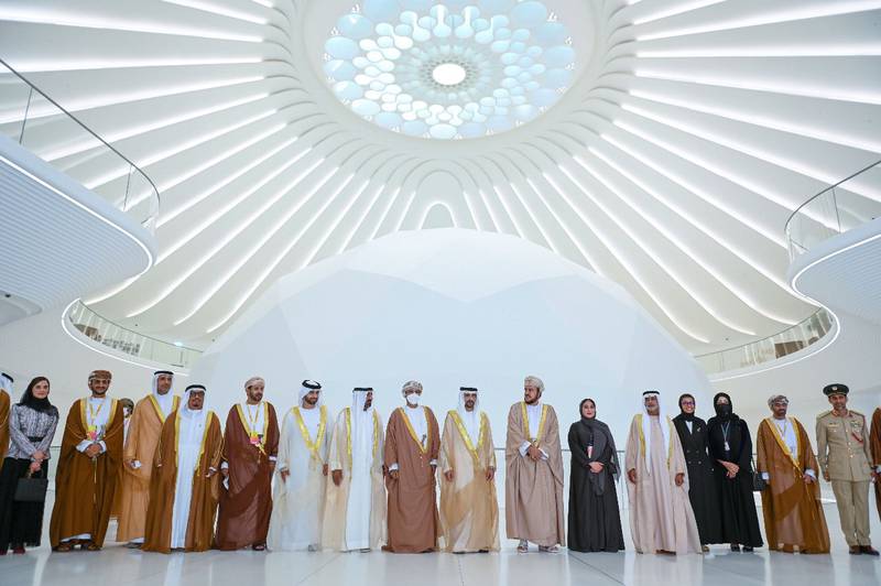 Sheikh Hamdan bin Mohammed, Crown Prince of Dubai, shows Asa’ad bin Tariq the UAE pavilion at Expo 2020 Dubai. Photo: @SheikhHamdan
