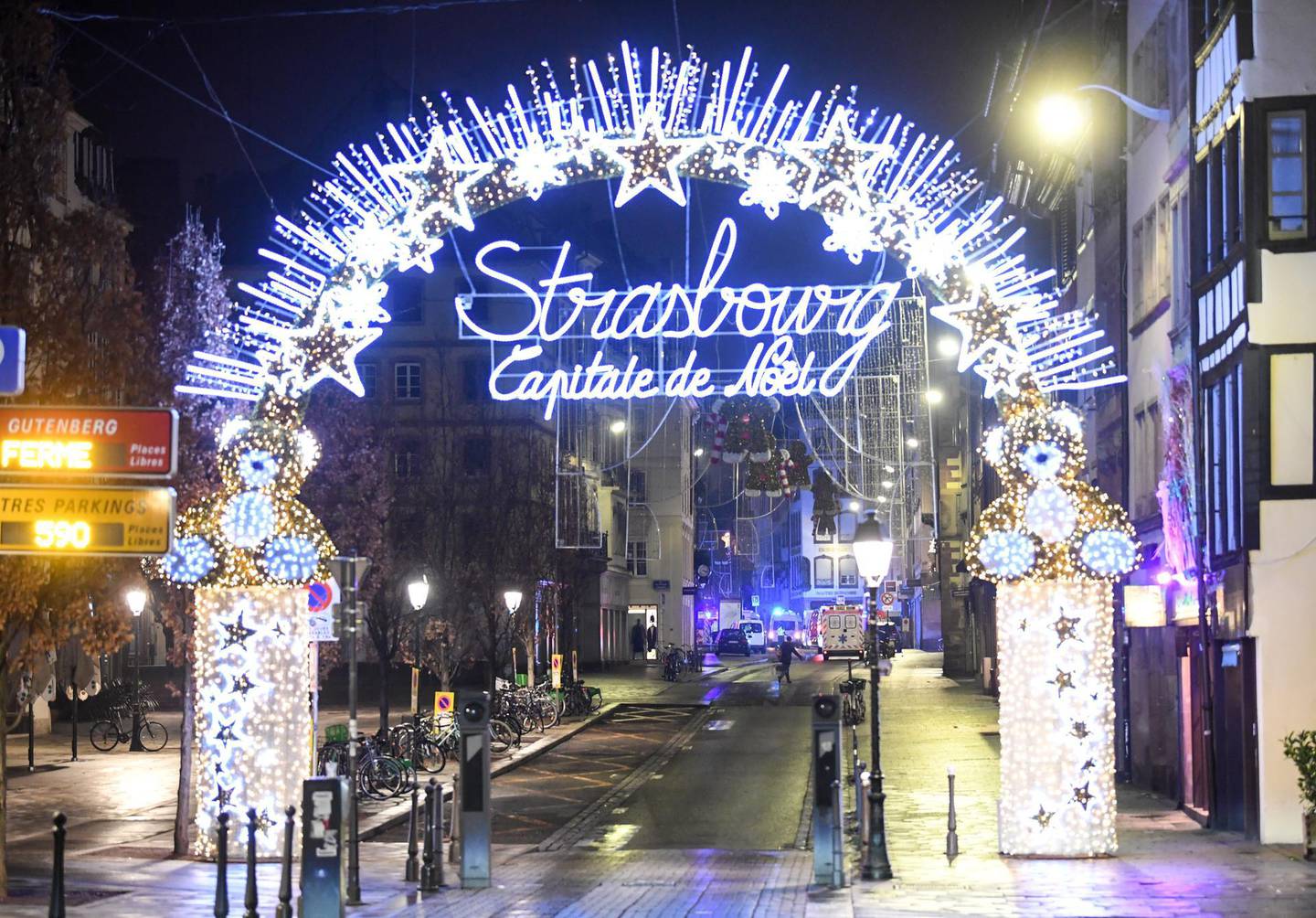 epa07224974 The logo of the Strasbourg Christmas market lights up at night where a deadly shooting took place in Strasbourg, France, 12 December 2018. According to media reports, four people have been killed and more than 10 people have been injured after a deadly attack at the Christmas market in Strasbourg. The gunman is reported to be at large and the motive for the attack is still unclear.  EPA/PATRICK SEEGER