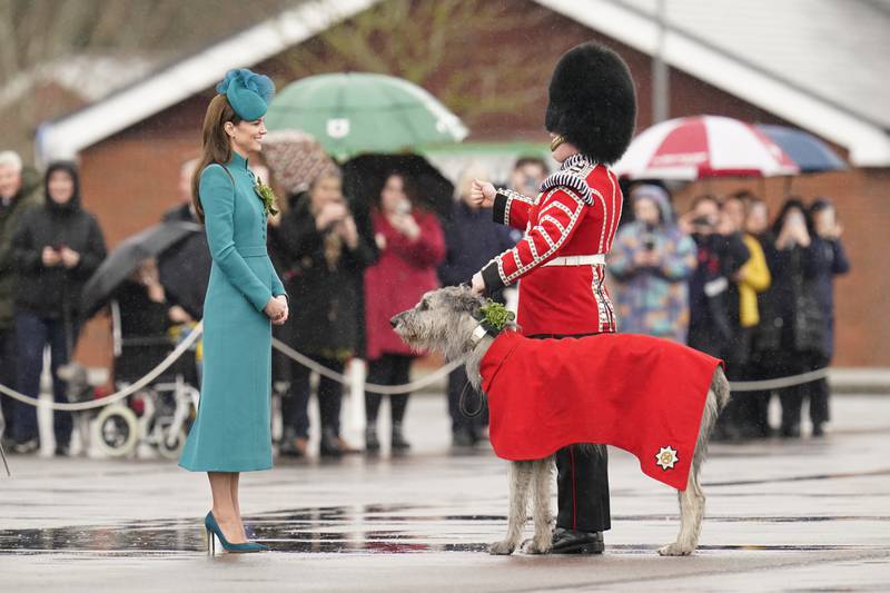 Catherine, Princess of Wales meets Irish wolfhound Seamus and his handler, Drummer Adam Walsh, on a visit to the 1st Battalion Irish Guards for the St Patrick's Day Parade, at Mons Barracks in Aldershot. PA