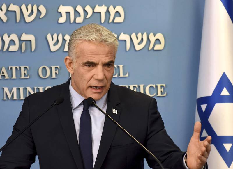 Israeli Prime Minister Yair Lapid speaks about Iran at the prime minister's office in Jerusalem, on Wednesday. AP