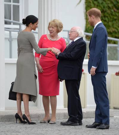 DUBLIN, IRELAND - JULY 11:  Prince Harry, Duke of Sussex and Meghan, Duchess of Sussex meet Ireland's President, Michael Higgins and his wife Sabina Coyne at Aras an Uachtarain during day two of their visit to Ireland on July 11, 2018 in Dublin, Ireland. (Photo by Clodagh Kilcoyne - WPA Pool/Getty Images)