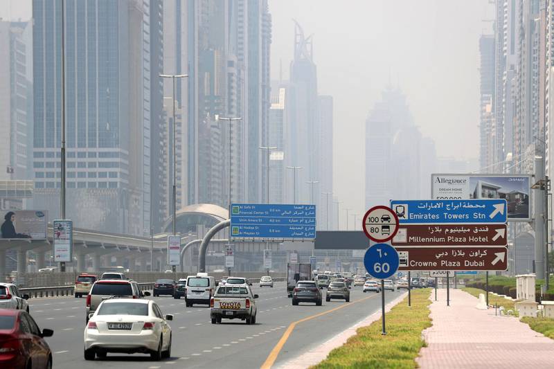 Dubai, United Arab Emirates - Reporter: N/A. Weather. Lots of cars go down Sheikh Zayed Road on a hazy day in Downtown. Monday, August 17th, 2020. Dubai. Chris Whiteoak / The National