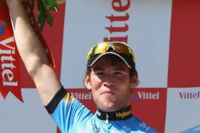 The Team Columbia rider Mark Cavendish celebrates his maiden stage win on Wednesday.
