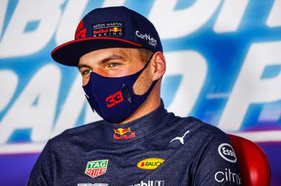 Race winner Max Verstappen in a press conference after the race. Getty