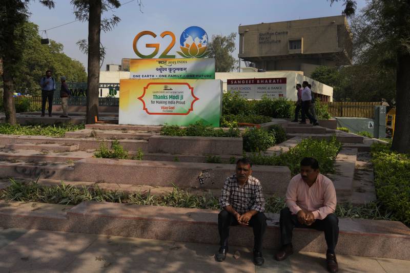 A G20 logo at a crossing in New Delhi. AP