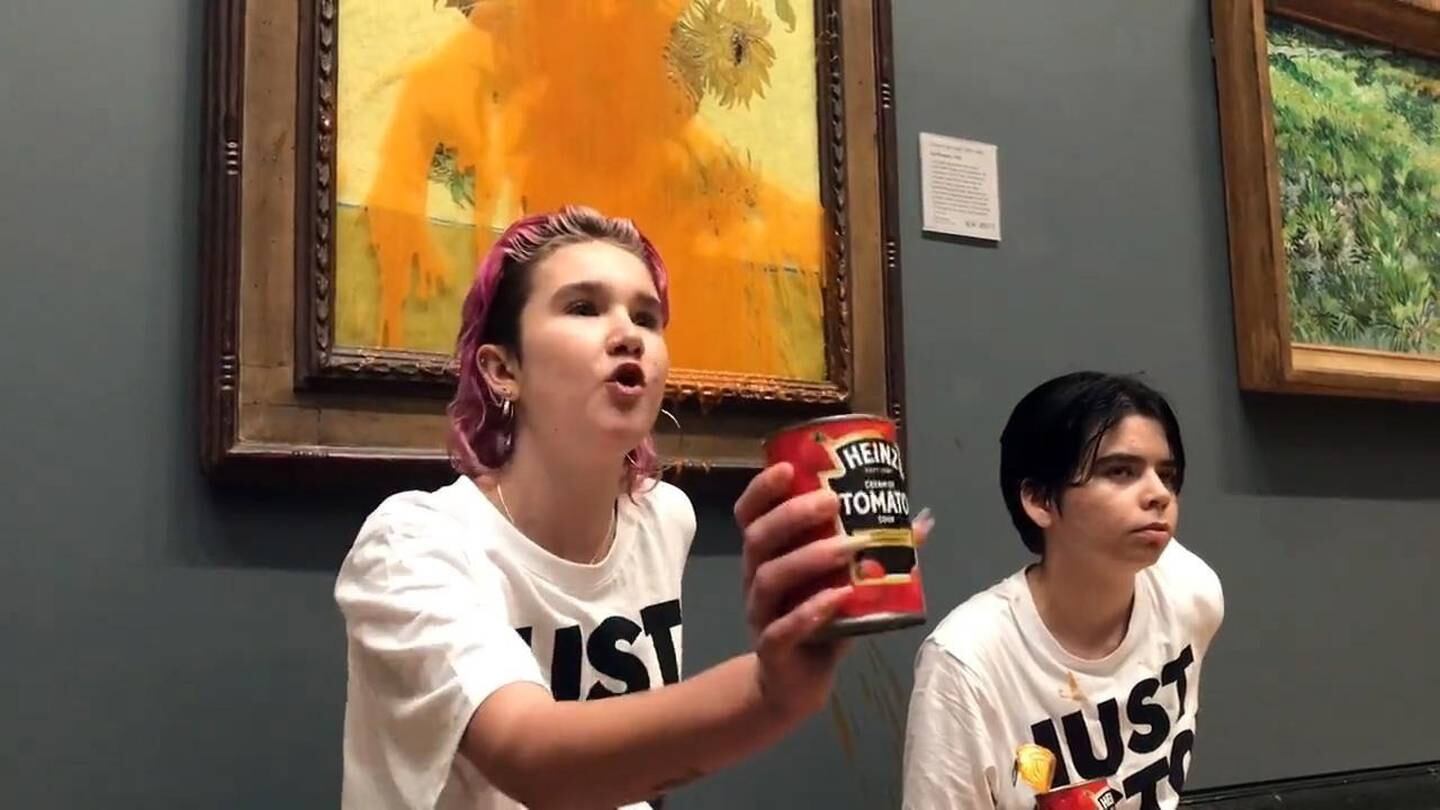 Two protesters threw tomato soup at Vincent Van Gogh's 1888 painting 'Sunflowers' at the National Gallery in London in October. EPA