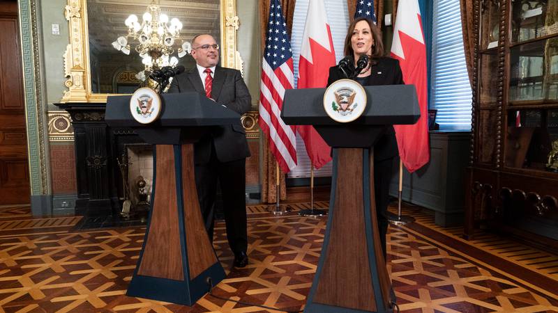 US Vice President Kamala Harris speaks alongside Bahrain's Crown Prince Salman bin Hamad Al Khalifa during his visit to Washington in March last year. EPA