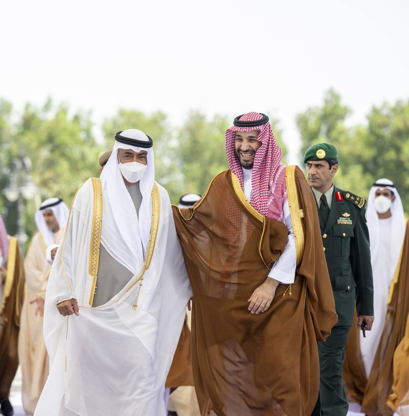 President Sheikh Mohamed is received by Saudi Arabia's Crown Prince Mohammed bin Salman upon his arrival at King Abdulaziz International Airport. Photo: Abdulla Al Neyadi for the Presidential Court