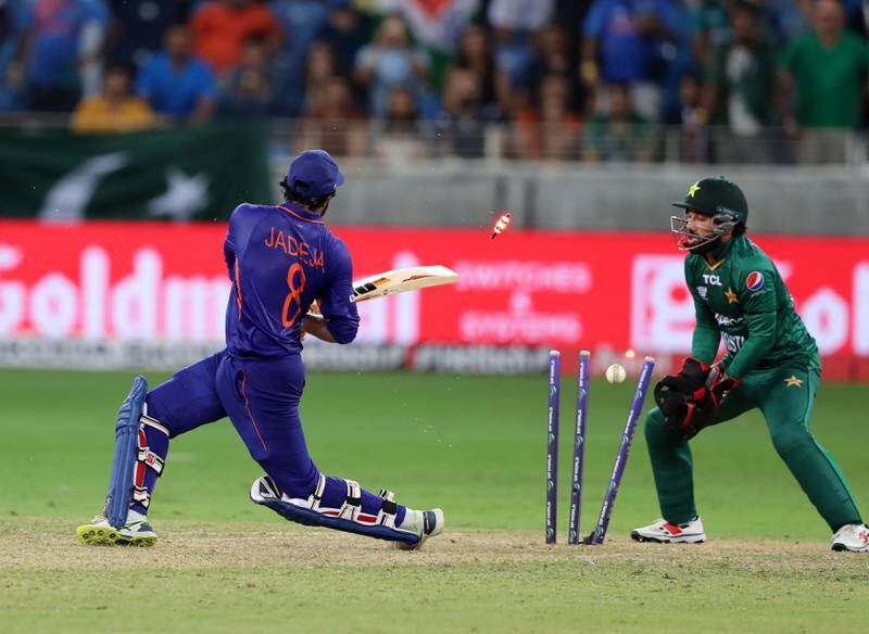 India's Ravindra Jadeja is bowled by Pakistan's Mohammad Nawaz.