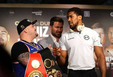 Andy Ruiz Jr and Anthony Joshua during the 'Clash on the Dunes' press conference in Diriyah, Saudi Arabia. Getty Images